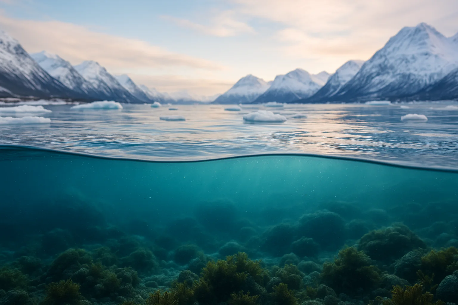 Nordisk fjordlandskap over og under havoverflaten